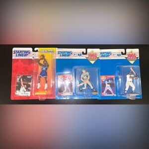 Three Vintage Starting Lineup Figurines, Baseball & Basketball. Includes Card